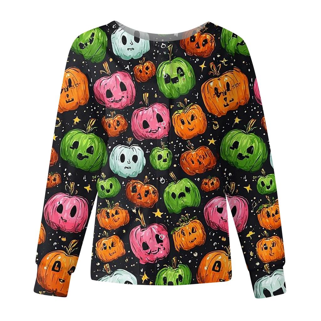 Women's Casual Fashion Long Sleeve Standing Collar Single Breasted Halloween Printed Workwear Jacket Tops