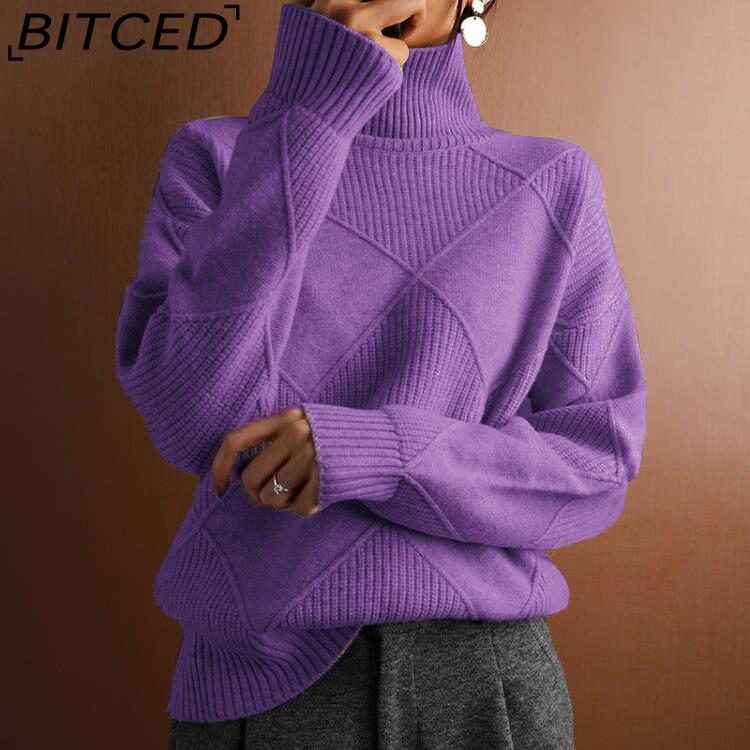BITCED Oversized Crewneck Knit Sweater for Workwear Solid Color High Neck Diamond Pattern Fashion Sweater for Women