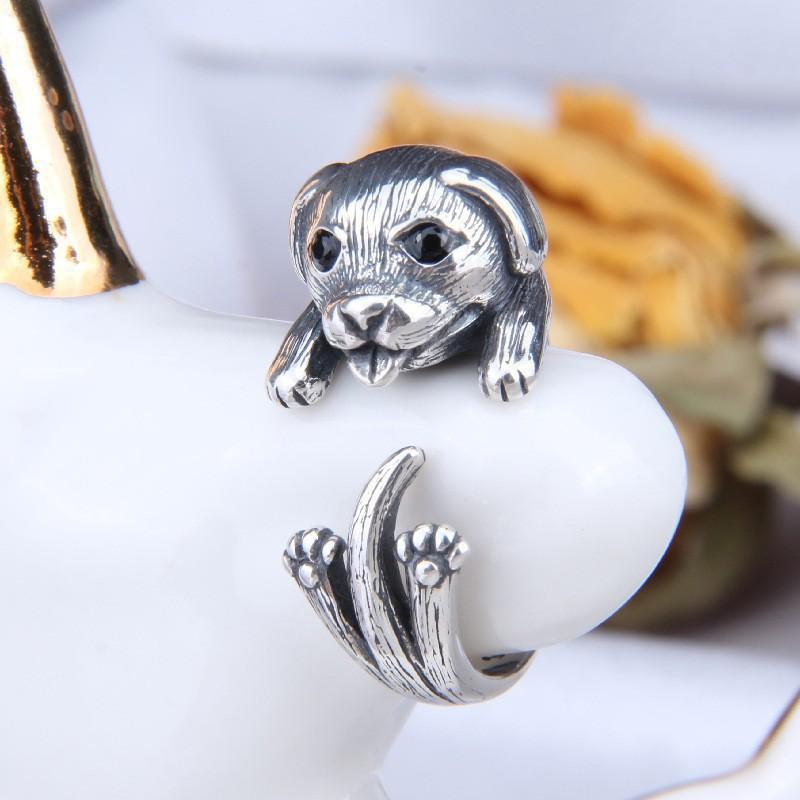 Adjustable Open Ring With Cute Tongue-Out Dog Charm Retro Vintage Plated Animal Jewelry Women Men