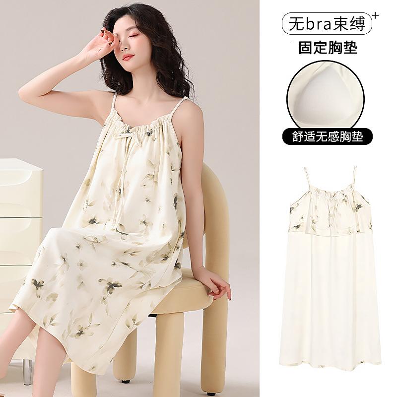 Women's camisole nightdress, summer pure cotton sexy mid-length loungewear, plus-size pad pajamas, pure and sweet style
