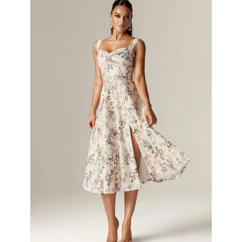 Encounter Flowers French Sweet Vintage Floral Lace Patchwork Pure Desire Split Suspender Skirt Mid Length Long Length Dress