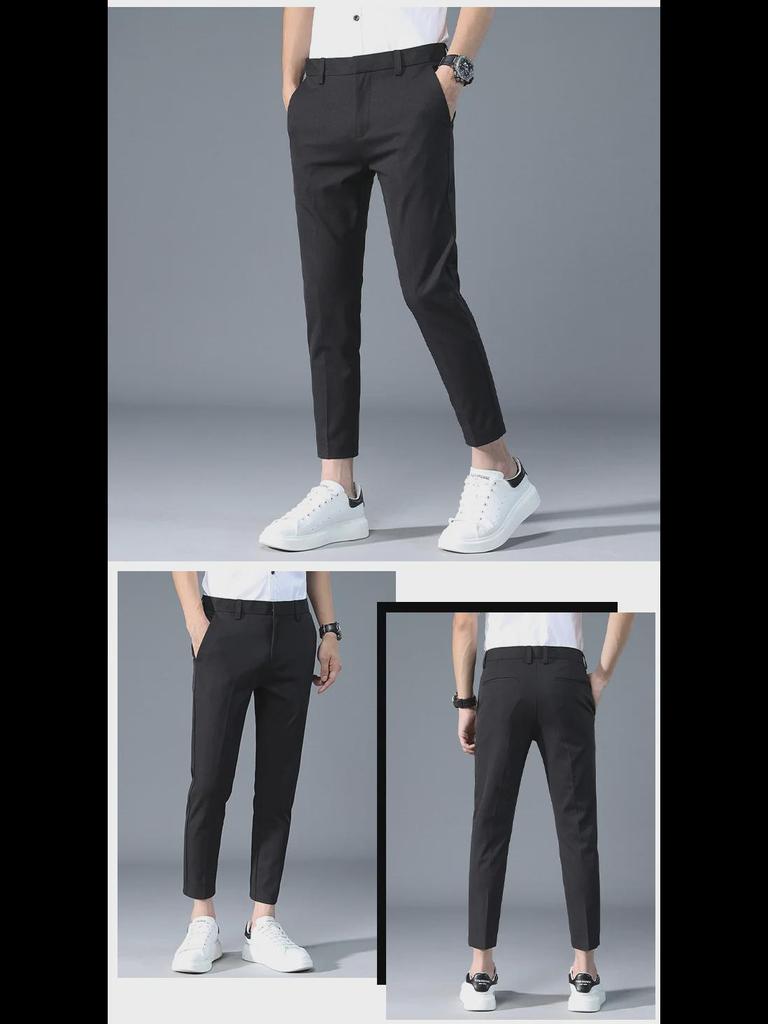 Men's Slim Straight High-Rise Casual Pants, Wrinkle-Resistant with Drape Texture, All-Season Nine-Point Suit Pants