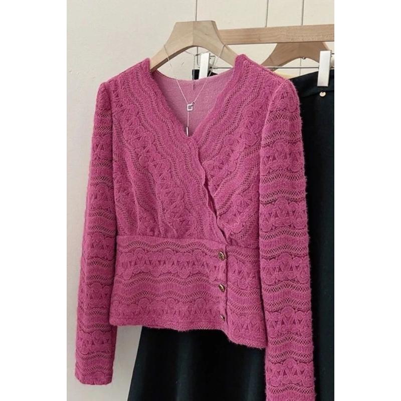

Lace V-neck Long-sleeved Shirt for Women 2025 Autumn and Winter New Design Rose Red Slim Fit Top S рожевий червоний колір
