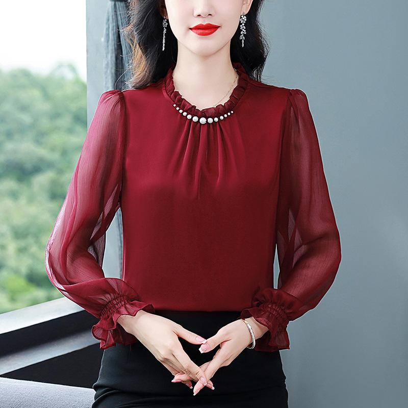 

Новая весенняя рубашка из шифона с длинными рукавами, универсальный пуловер, модный тонкий топ L