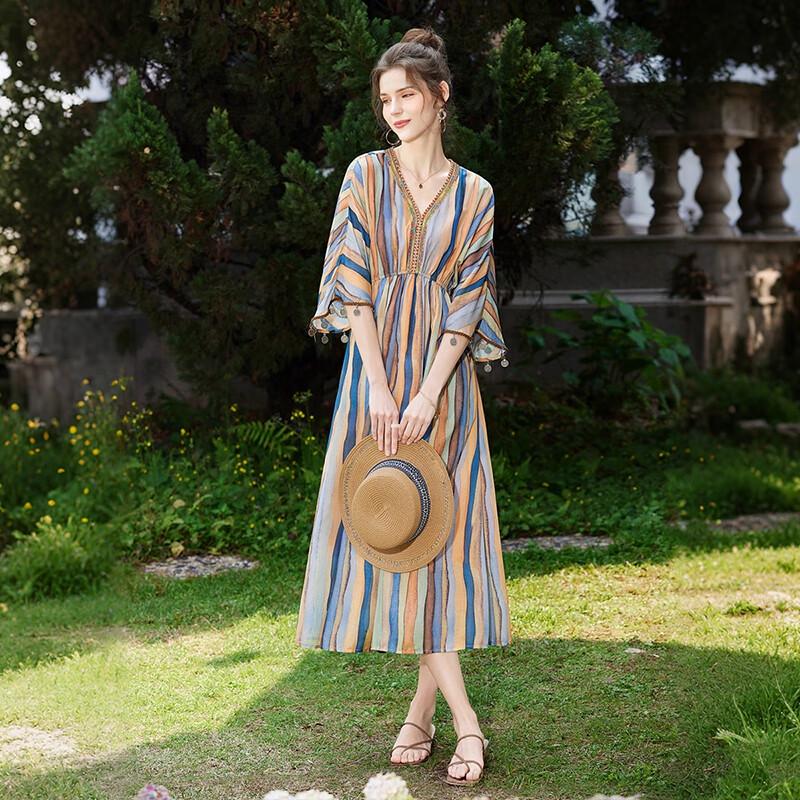 Women's Ethnic Striped V-Neck Midi Dress