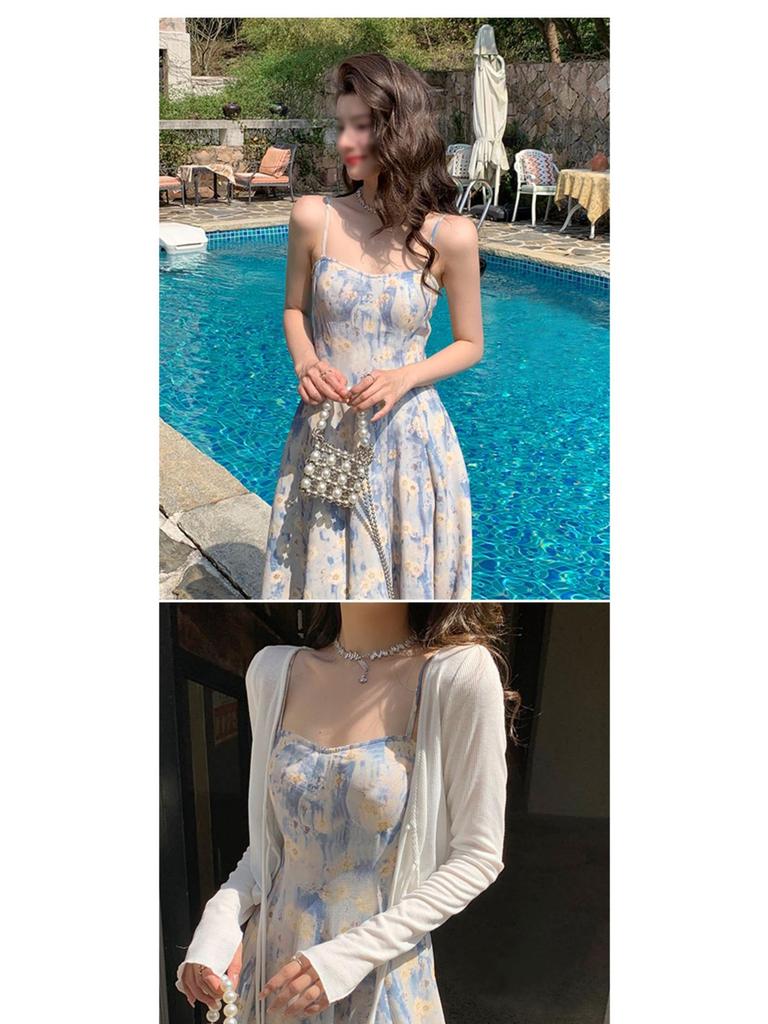 Dámské francouzské květinové modré letní šaty na špagetová ramínka: Elegantní styl Long Beach