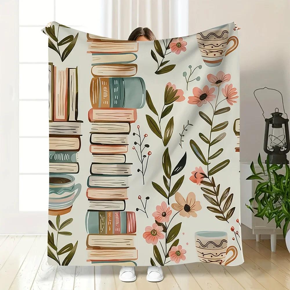 Vibrant Book & Floral Design Flannel printed blanket suitable for all seasons suitable for living room office sofa and travel