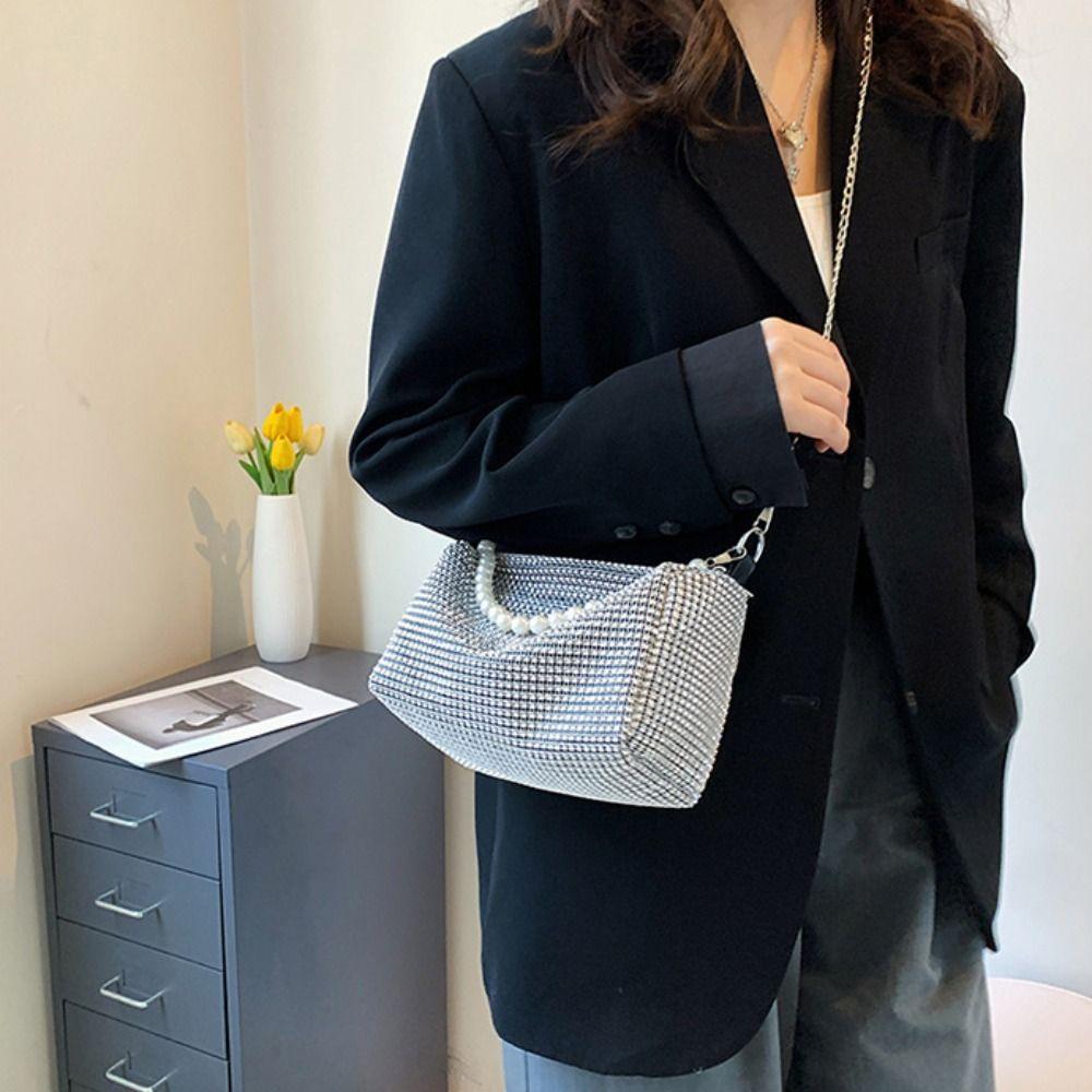Fashion Rhinestone Shoulder Bag Pearl Chain Bag Phone Pouch Zipper Crossbody Bag for Women Handbag