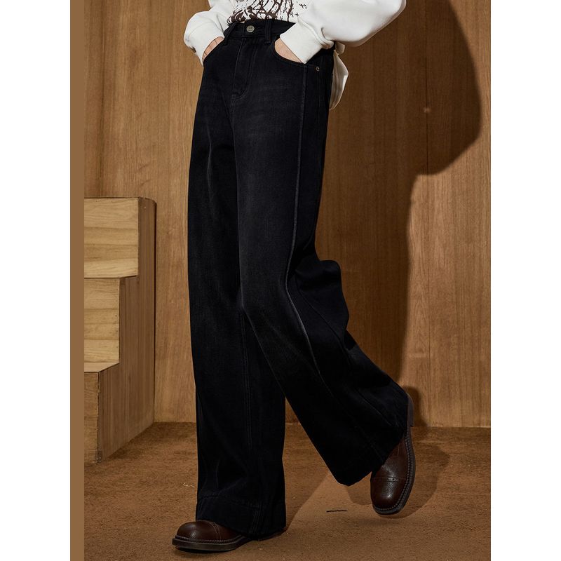 Coolhut High-Waisted Loose Slimming Straight-Leg Wide-Leg Fleece-Lined Curved Hem Floor-Length Winter Women's Jeans