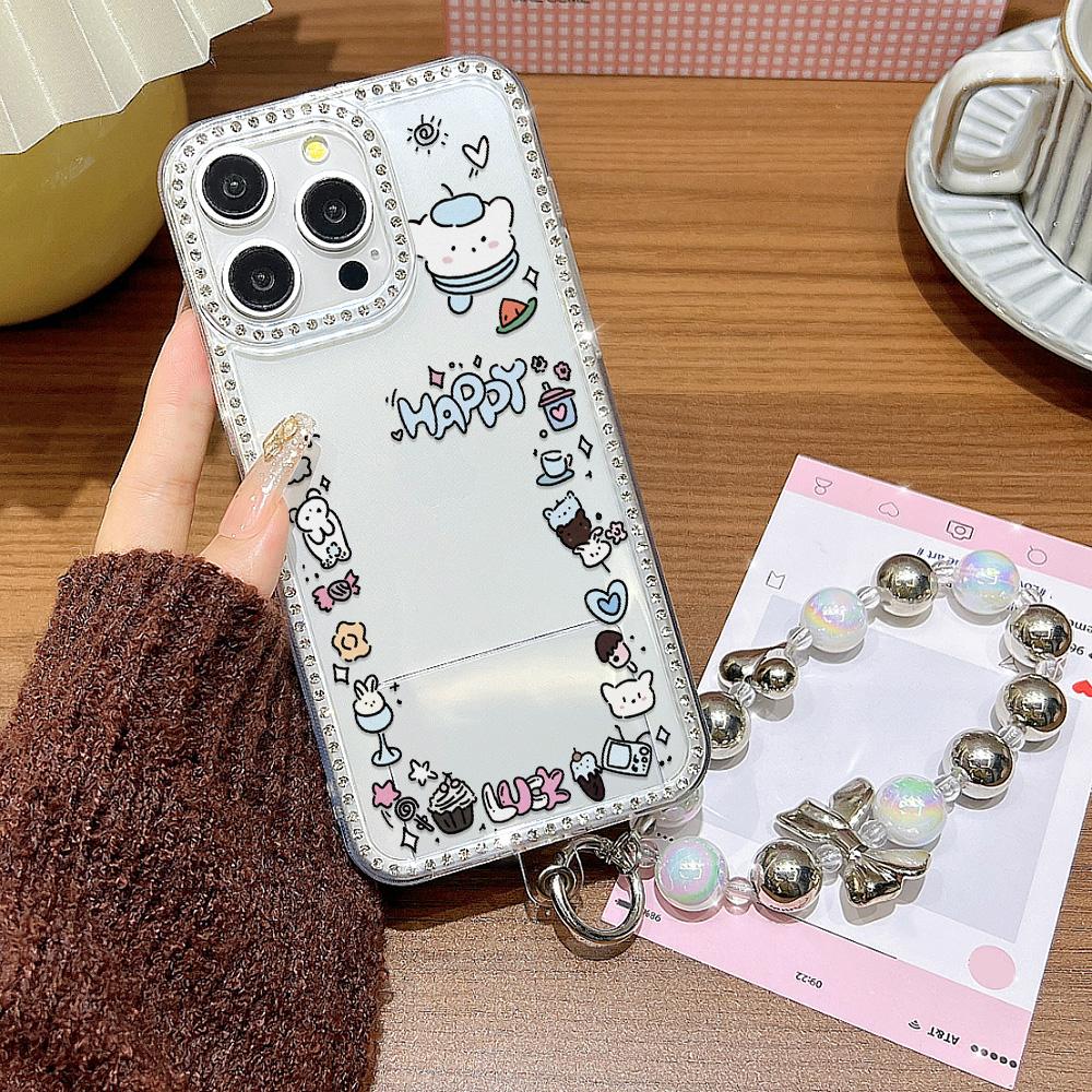 Bracelet Chain Phone Case For iPhone 17 16 15 13 14 for 17Air 17 12 14 16 Pro 17 14 16 Pro Max Sparking Diamond Cute Pattern Hard Cover With Lanyard