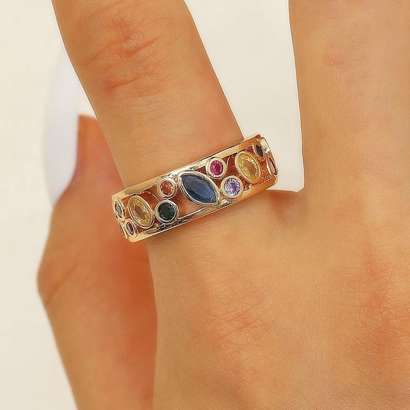 Exquisite Colorful Crystal Zircon Geometric Open Ring For Women Simple Copper Hollowed Out Stacked Finger Ring Fashion Jewelry