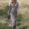 Moda Donna -Colore Western- Scamosciato Frange Vestito Slim-Fit a Maniche Lunghe