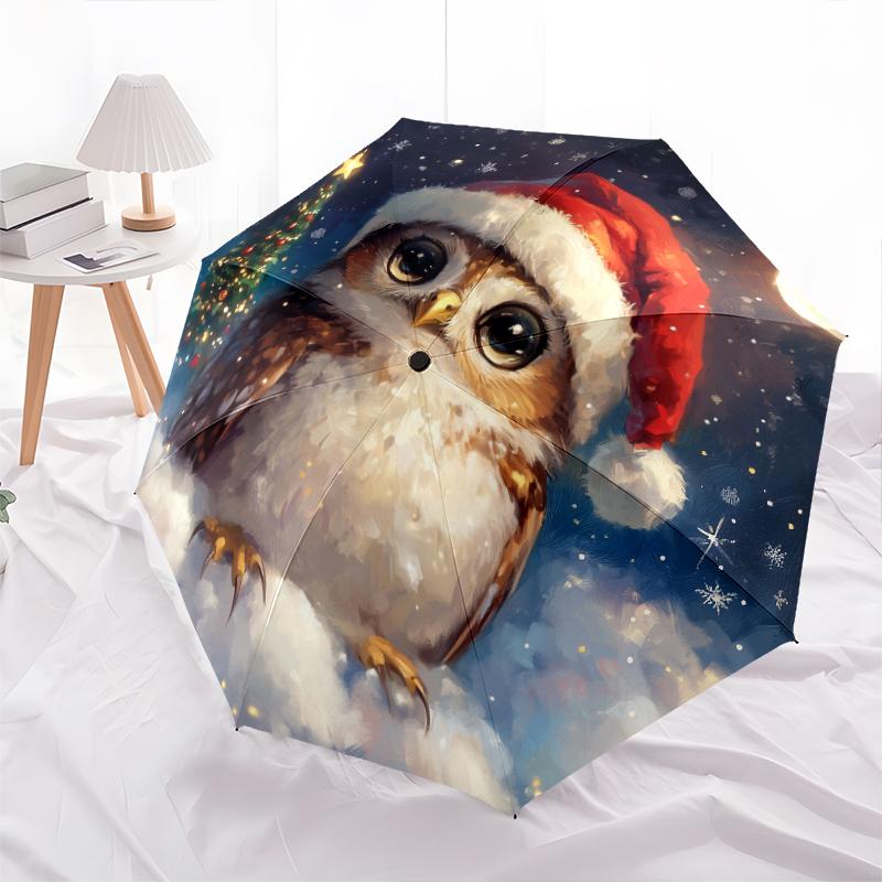 Motivo Gufo e Neve, ombrello pieghevole automatico, design portatile e pieghevole, 8 stecche, un regalo di Natale o di compleanno.