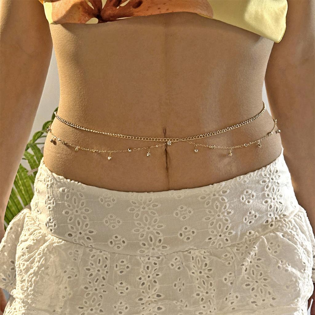 Cadena Cruzada de Doble Capa con Circonita Cúbica Anillo para Ombligo Cadena para la Cintura para Mujer Tono Dorado Cadena Corporal Ajustable Joyería para el Vientre
