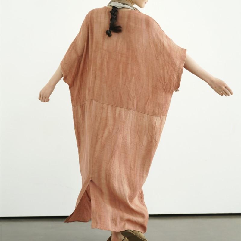 Johnature Women Vintage Dress V-Neck Half Sleeve Loose Solid Color Patchwork Pockets Summer Dress