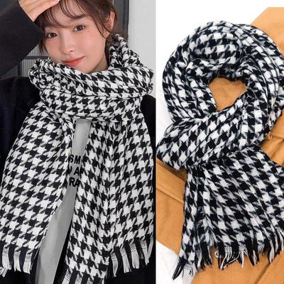 "Winter Contrast Houndstooth Tassel Scarf: Warm, Stylish, All-Match Korean Plaid for Couples and Women"