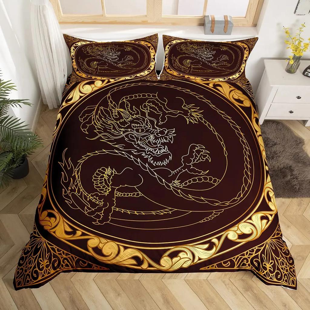 Red Base Black Dragon Print Duvet Cover Set Chinese Dragon Pattern Bedding Sets Full Size Microfiber 2/3 Pieces Comforter Sets