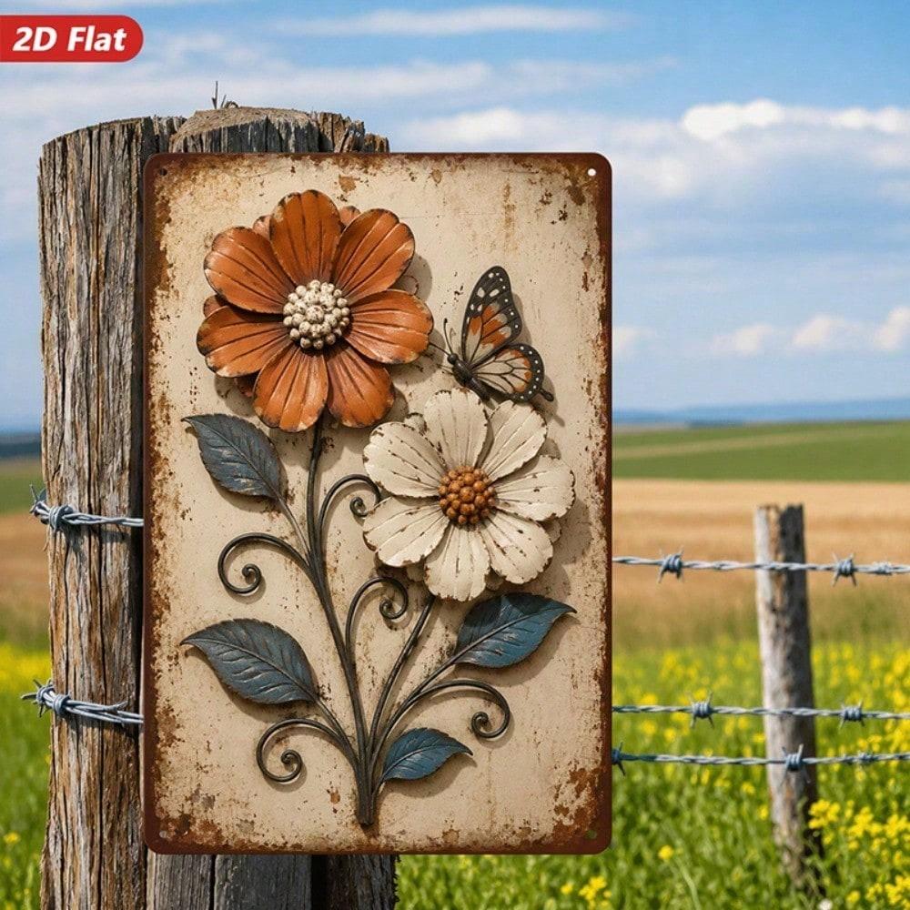 1pc 2D Flat Metal Wall Art Sign, Rustic Floral Butterfly Metal Plaque, Durable Windproof Decor with Rounded Corners