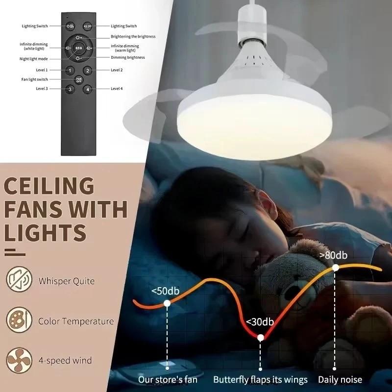 Portable 3 Colors Dimming Ceiling Light Remote Control Invisible Fan Blade Fan Lamp Household Electric Ceiling Fan with Light