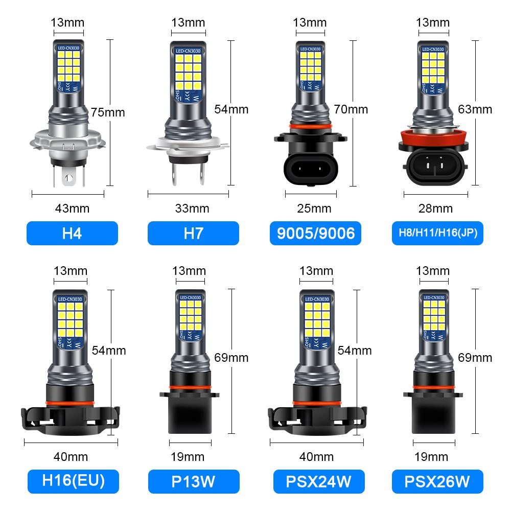 2PCS LED Car Fog Light Bulb White - 3030 Chip 12V, Fit H4 H7 H8 H11 9005 9006, Auto Driving Running Fog Lamp for Night Safety,