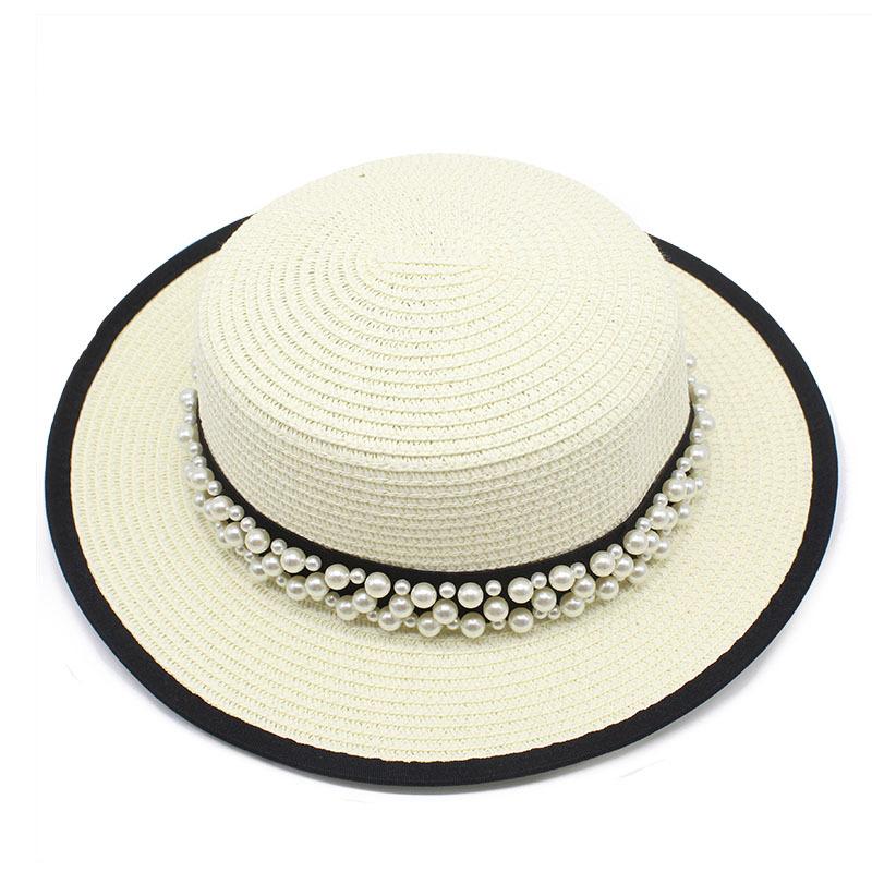 Summer Sunshade Sunscreen Big Brim Top Hat Women'S French Retro Pearl Chain Flat Top Hat Casual Versatile Straw Hat