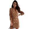 Women Suit Dress Lapel Long Sleeve Double Breasted Mid-length Formal Business Dress with Belt Pockets Suit Dress Workwear
