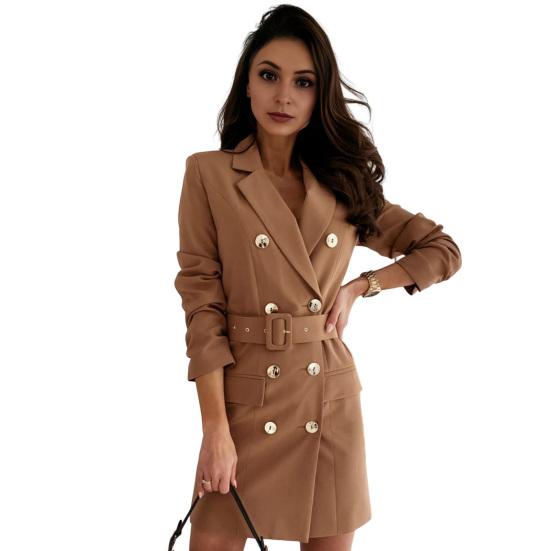 Women Suit Dress Lapel Long Sleeve Double Breasted Mid-length Formal Business Dress with Belt Pockets Suit Dress Workwear