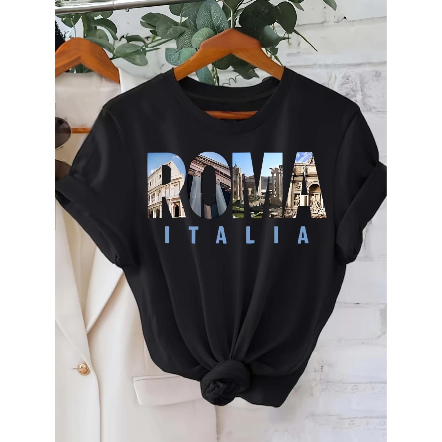 

ROMA Letter Print T-shirt Casual Crew Neck Short Sleeve Top For Spring Summer Women s Clothing S чёрный