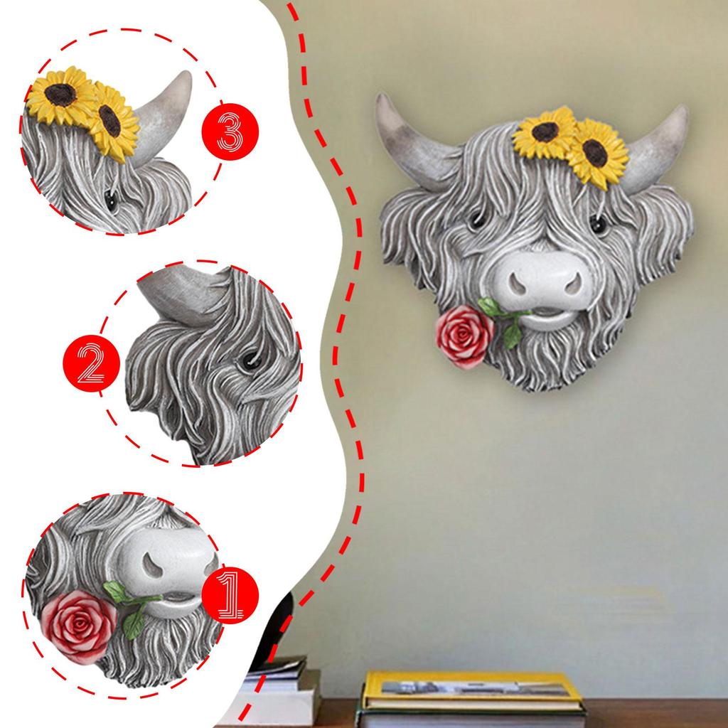 Highland Cow Head Wall Decor Wall Sculpture Cute Decorative Wall Art Decor Ornament for Home Fence Farmhouse Office Outdoor