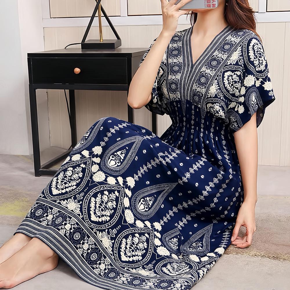 26-Year Floral V-Neck Cotton Silk Batwing Sleeve Beach Dress - Thailand Travel & Vacation Skirt Style