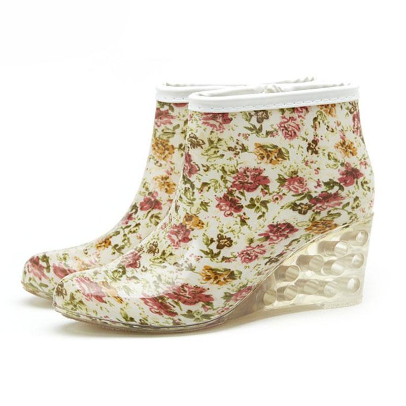 Women's Rain Boots Waterproof Overshoes Female Soft Sole Anti-slip PVC Plastic Shoes Fashion Printed Wedge Heels Zipper Gumboots