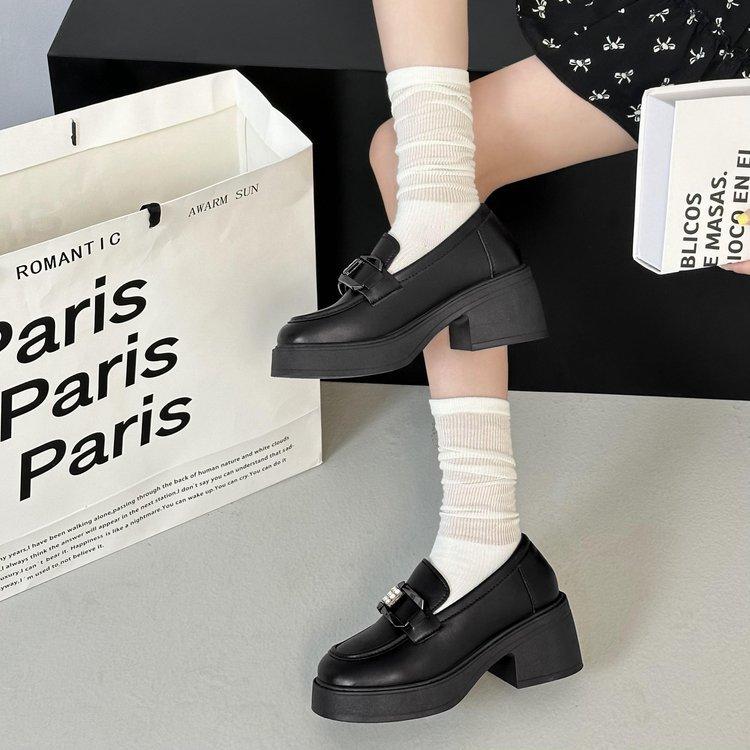 

2024 new autumn round head French platform heightening loafers black British thick heel one pedal small leather shoes women 40