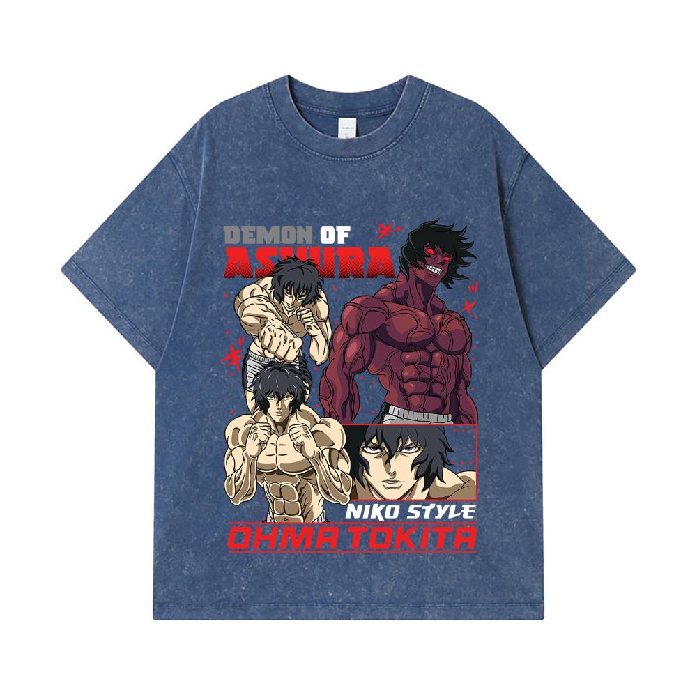 

275 GSM Washed T-shirts 100% Cotton Baki V5 Ohma Print Unisex Heavy Cotton T Shirt 2XL королівський синій колір
