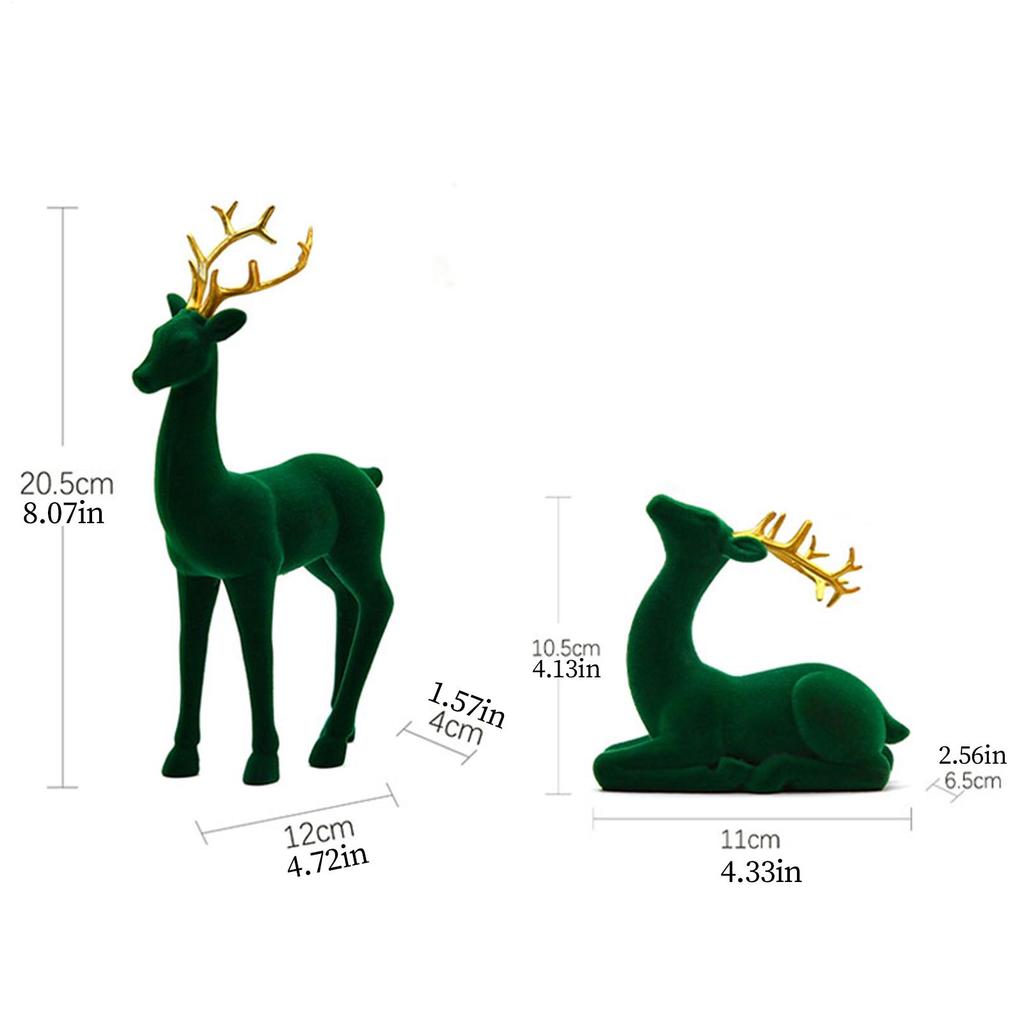 Christmas Deer Figurines Flocking Deer Sculpture 2 Pieces Sculpture Standing Sitting Red Green Elk For Workplace Party Living