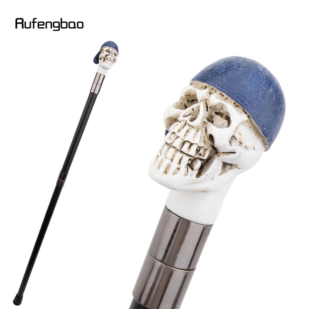 Blue Hat Resin White Skull Head Walking Cane Fashion Decorative Steel Stick Gentleman Elegant Cosplay Cane Knob Crosier 94cm