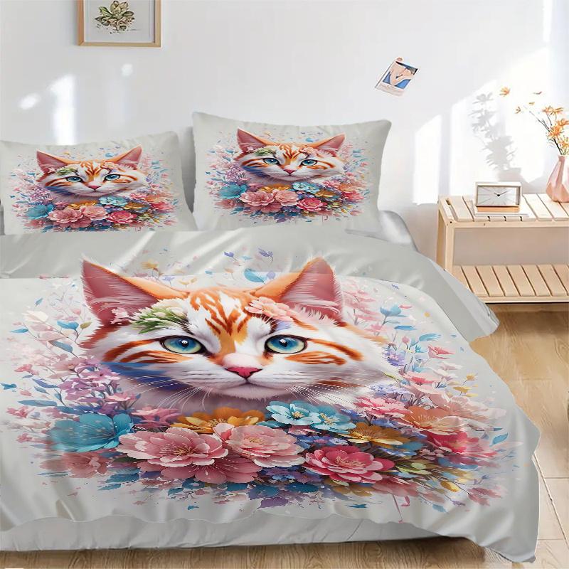 3pcs Charming Cat Quilt Cover Set (1 Quilt Cover + 2 Pillowcases Without Pillow Core), High-Definition Printing for Home and Dormitory.M031