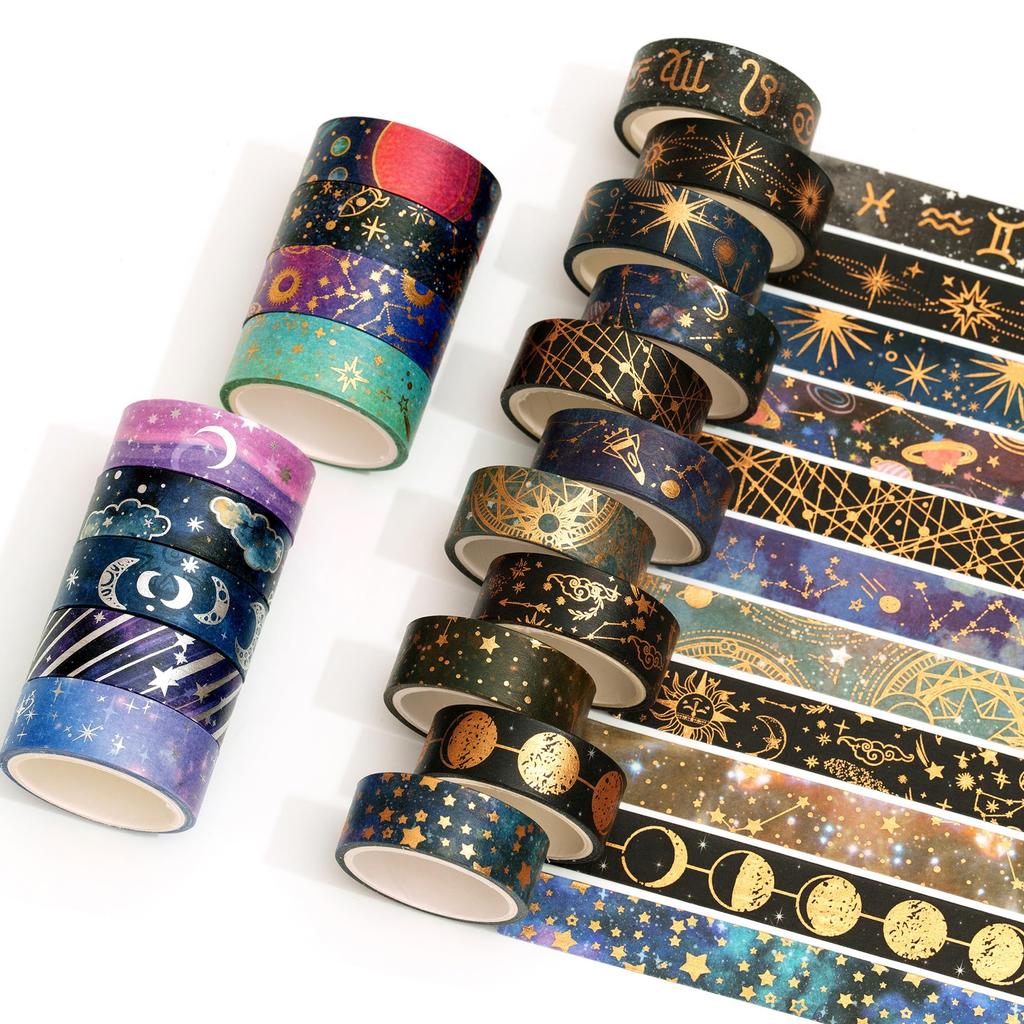 YUBBAEX Masking Tape Moon and Planet Designs Washi Paper Tape with Gold Foil Floral Decoration Tape for DIY Bullet Wrapping 20-Roll Set Space-themed