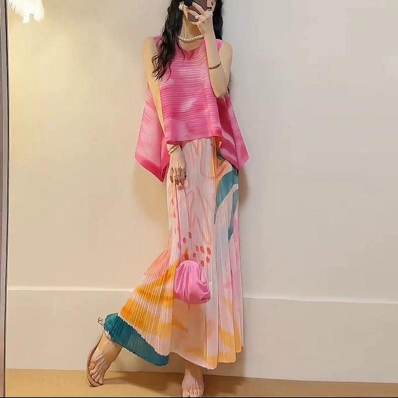 New Spring/Summer Small Tall Pink Gradient Sleeveless Top Printed Half Skirt Set