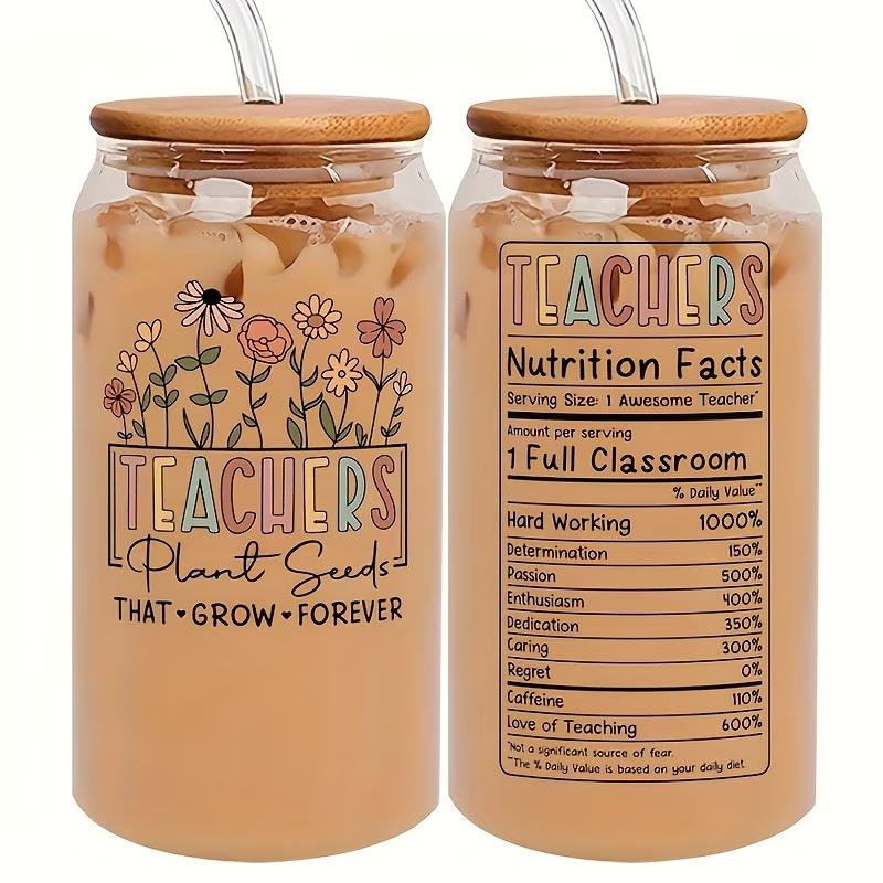 1pc 16oz Glass Cup with Straw, Creative Iced Coffee Cup, Teacher Appreciation Gift, Birthday Gift for Teachers & Women 16oz