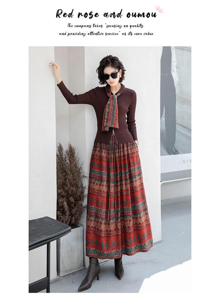 Bohemian Ethnic Print High Waist A-line Maxi Skirt for Women - Autumn 2026 Collection