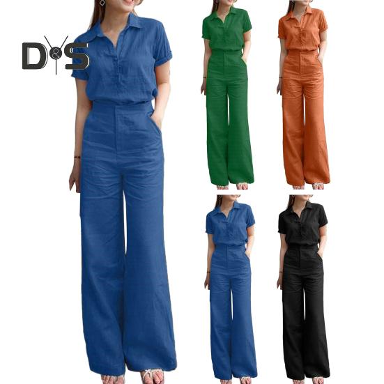 2Pcs/Set Women Pants Shirt Suit Lapel Short Sleeve Single breasted Wide Leg Loose Solid Color Pockets High Waist Lady Top Trousers Set