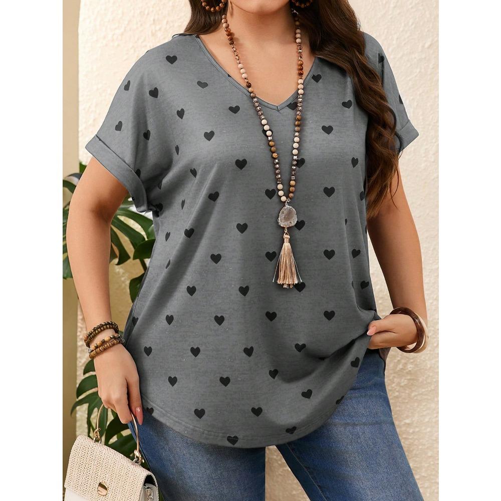 Plus Size Heart Design Pattern Printed T-shirts Summer Fashionable High Quality Short Sleeved Casual Sports V-Neck Pullover Tops