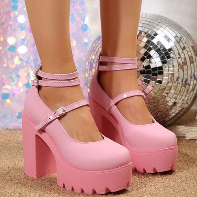 Rosa Pumps mit dickem Absatz und Fesselriemchen, süße Plateau-Pumps mit quadratischem Absatz, High Heels für Damen, Plateauschuhe, Frühlings-/Sommerschuhe für Damen
