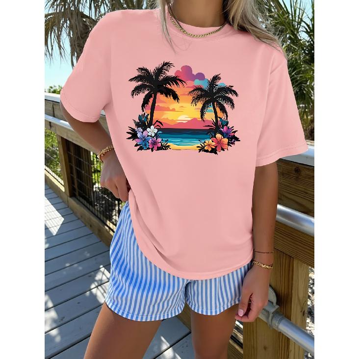 Elegant short-sleeved dress for women Tropical Sunset Beach Floral Palm Tree Print Crew Neck T Shirt Suitable for spring S розовый