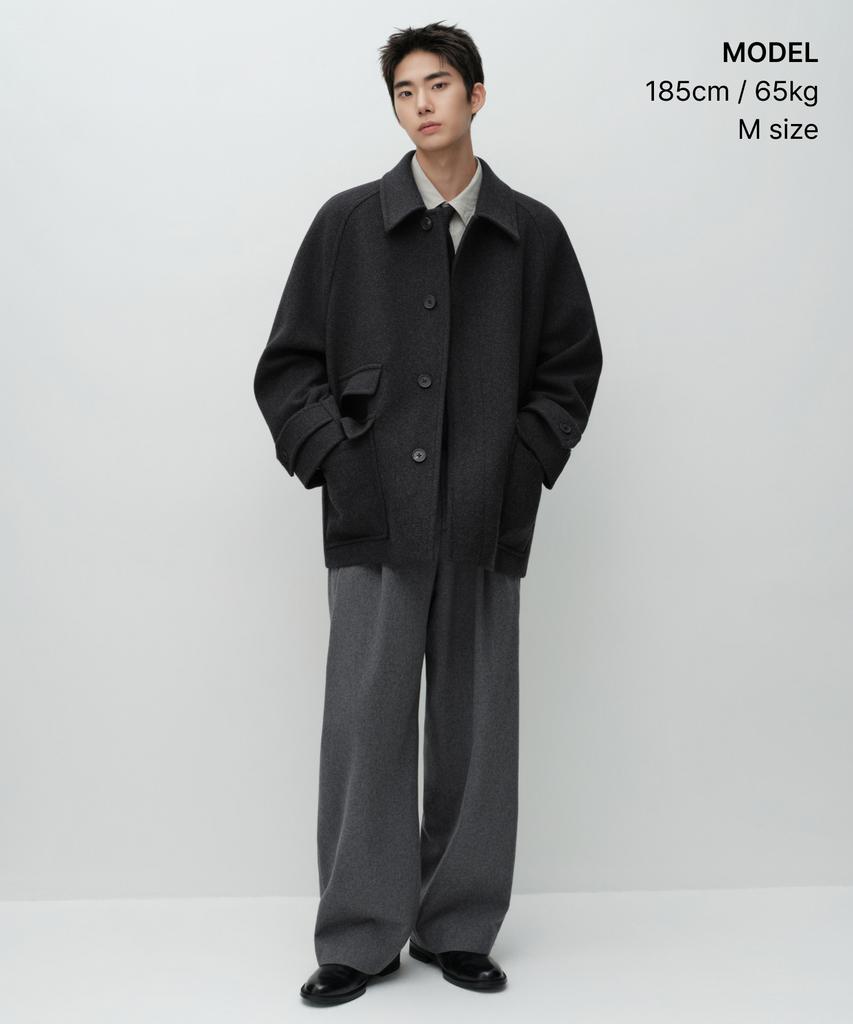 MUSINSA STANDARD Wool Blend Oversized Half Balmacaan Coat [Charcoal Grey]