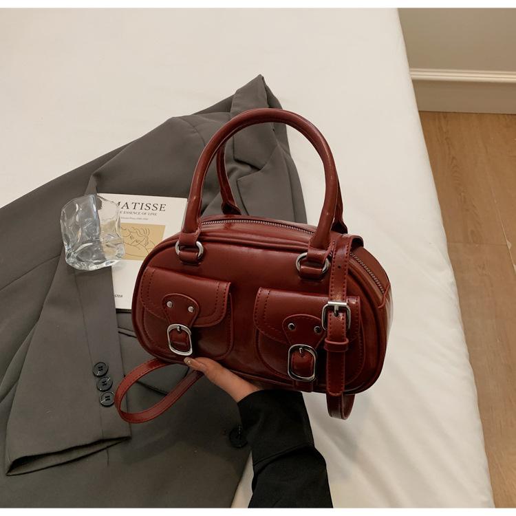 

Модная маленькая сумка с двойным карманом, женская, 2025, новая, в стиле ретро, сумка-бостон, в иностранном стиле, универсальная сумка через плечо, тренд бордовый