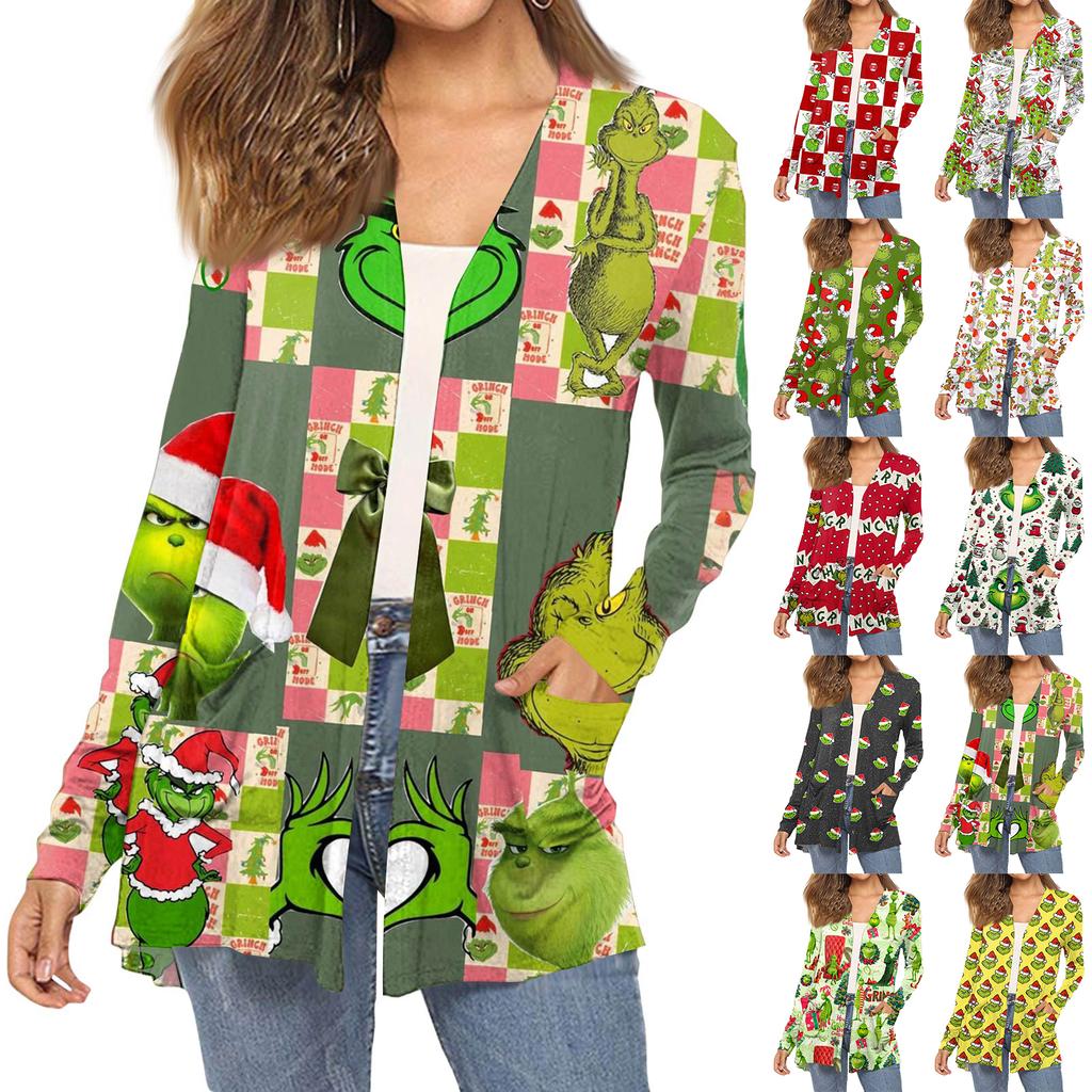 Women's Fashion Christmas Print Long-Sleeved Pocketed Slim-Fit Cardigan Coat