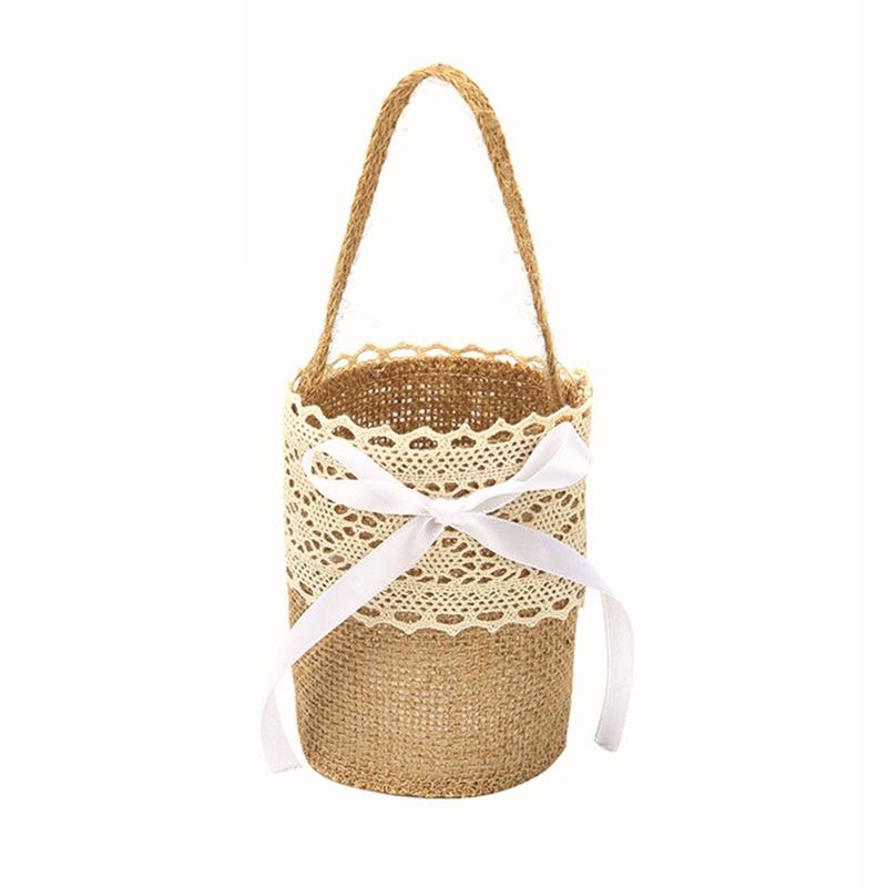 Wedding Lace Burlap Flower Basket Linen Handle Vintage Rustic Wedding Ceremony Table Decoration Baby Shower Party Candy Gift Bag