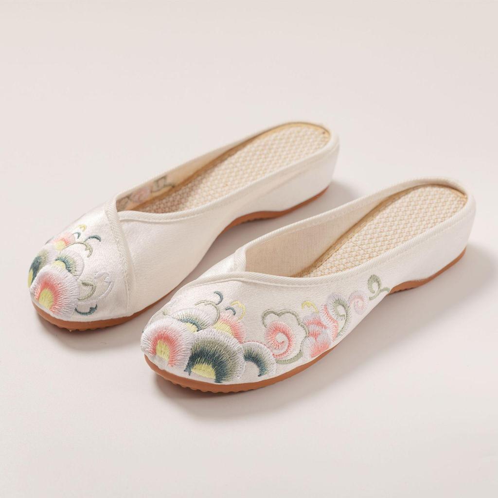 Bihai 2024 Satin Embroidered Low-Heel Slippers - Elegant Soft-Sole Wedding Shoes for Women, Perfect with Cheongsam.