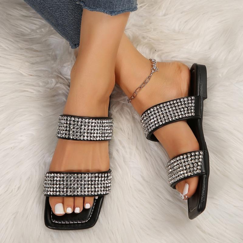 Fashion Summer New Flat Sandals Women's Fashion Square Head Open-toe Rhinestone Soft Bottom Slip-resistant Wear-resistant Slippers